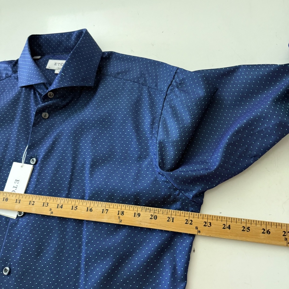 ETON Slim Fit Navy Blue Mint Green Polka Dot Button Up Dress Shirt Mens 17.5 NWT - Picture 8 of 11